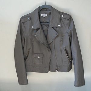 BARNEYS NEW YORK GREY MOTO CROPPED LEATHER JACKET WOMENS SIZE MEDIUM